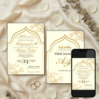 Invitation Elegant Gold Floral Masjid Muslim Wedding Nikah In