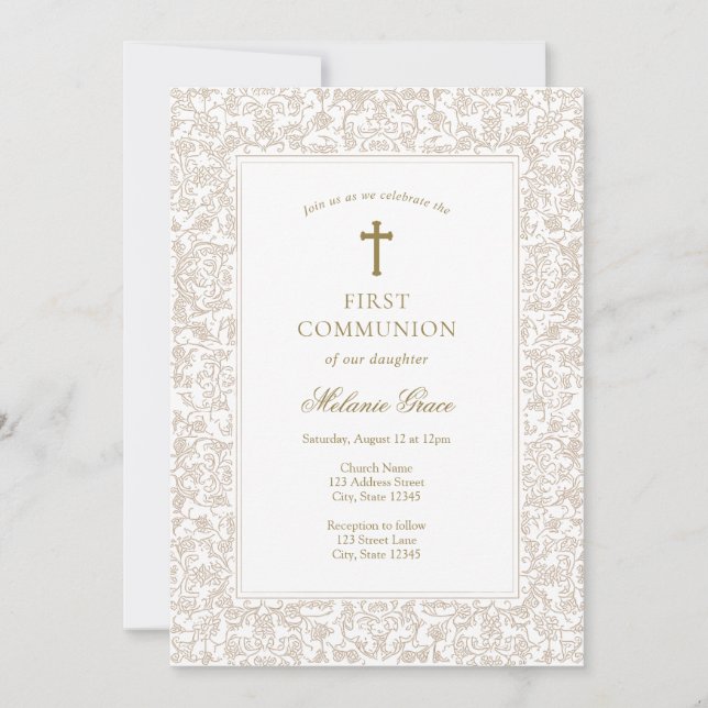Invitation Elegant Gold Floral Traditional First Communion  (Devant)