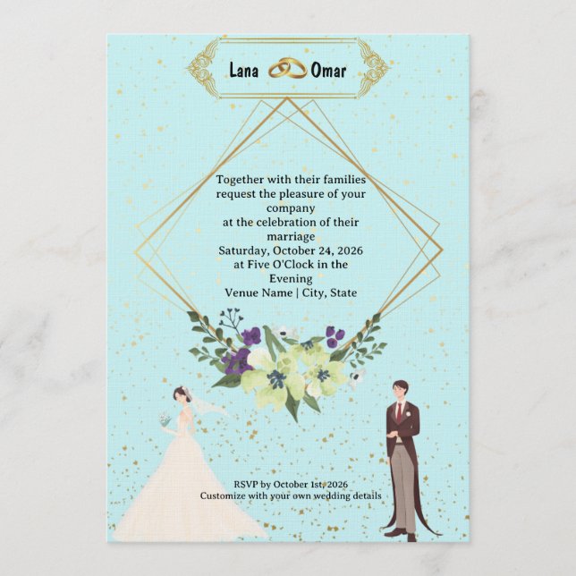 Invitation Elegant Gold Foil Geometric Dusty Blue Wedding  (Devant)