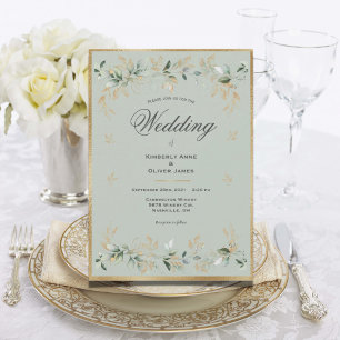 Invitation Elégant Gold Foilage Aquarelle Sage Green Script