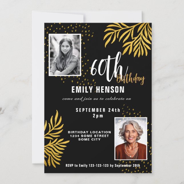 Invitation  Elegant Gold Foliage 2 Photo 60th Birthday Party  (Devant)