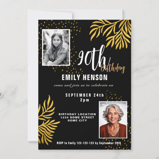 Invitation  Elegant Gold Foliage 2 Photo 90th Birthday Party  (Devant)