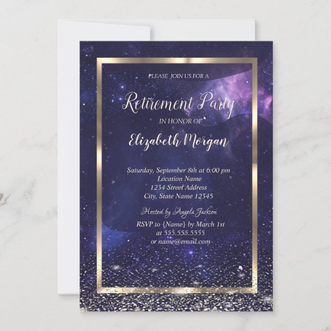 Invitation Elegant Gold Frame Confetti Cool Purple Retirement (Devant)