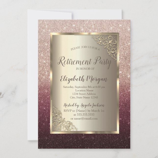 Invitation Elegant Gold Frame Glitter Ombre Retirement  (Devant)