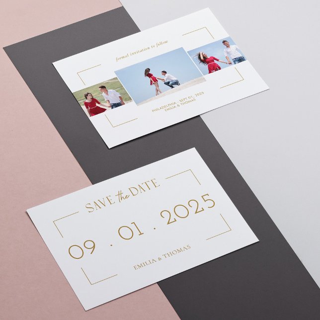 Invitation Elégant Gold Frame Script Photo Enregistrer la car (Elegant Gold Frame Script Personalized Photo Save the Date Card)