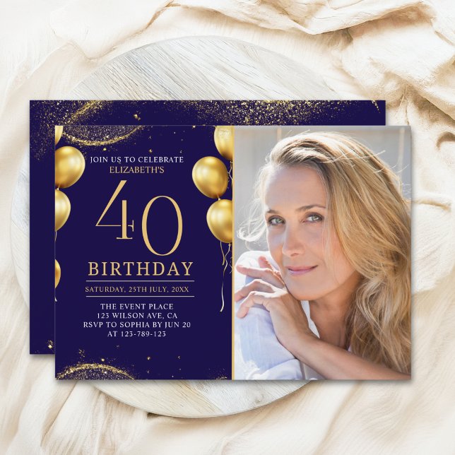 Invitation Elegant Gold Glitter Birthday 40th With Photo (Créateur téléchargé)