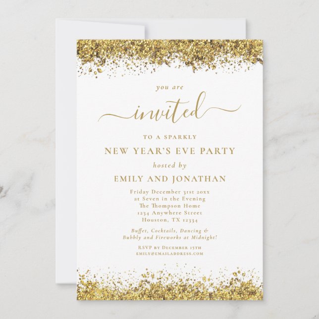 Invitation Elegant Gold Glitter Script New Years Eve Party (Devant)
