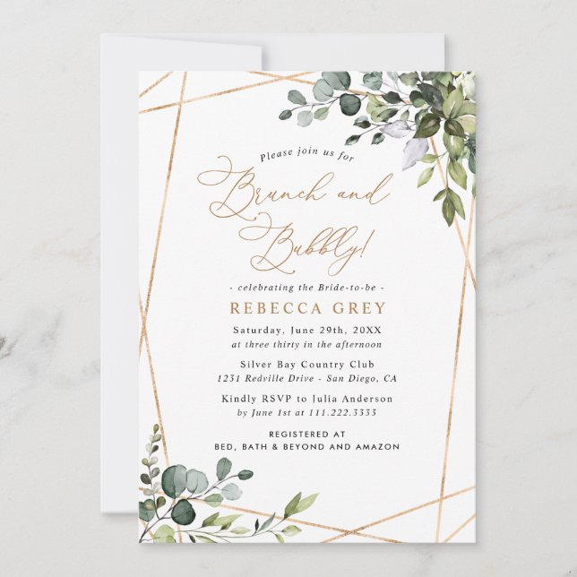 Invitation Elégant Gold Green Bridal Brunch & Bubbly (Devant)