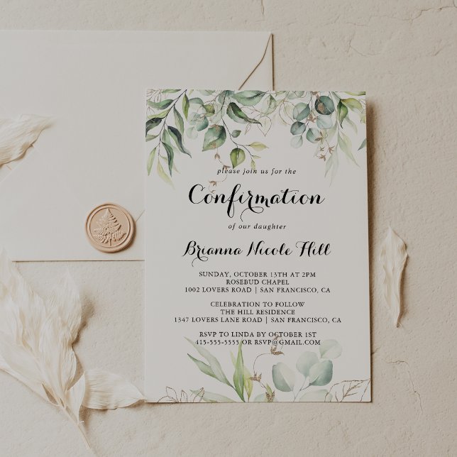 Invitation Élégant Gold Green Calligraphie Confirmation (Créateur téléchargé)