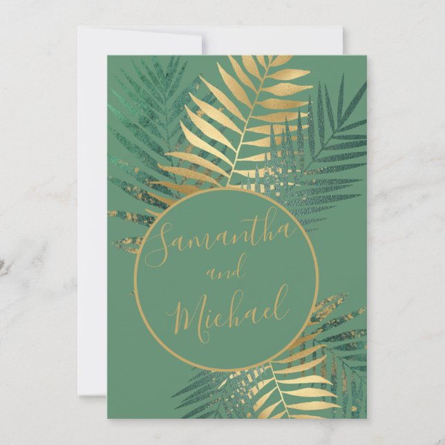 Invitation Elégant Gold & Green Tropical Plante Mariage (Devant)