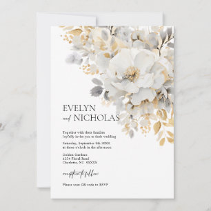 Invitation Elégant Gold Grey Gold Floral Wash code QR