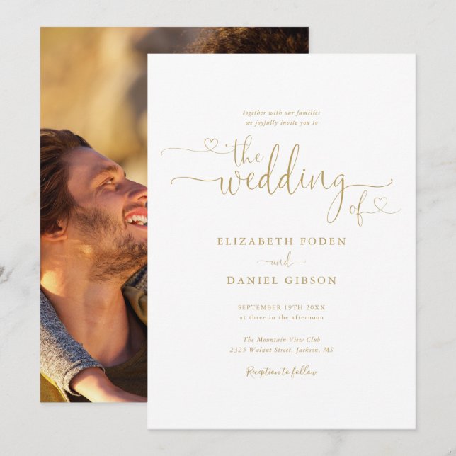 Invitation Elegant Gold Hearts Script Mariage photo (Devant / Derrière)