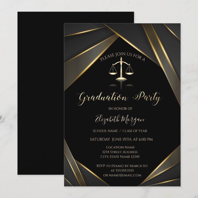 Invitation Elégant Gold Justice Scale Black Graduation (Devant / Derrière)