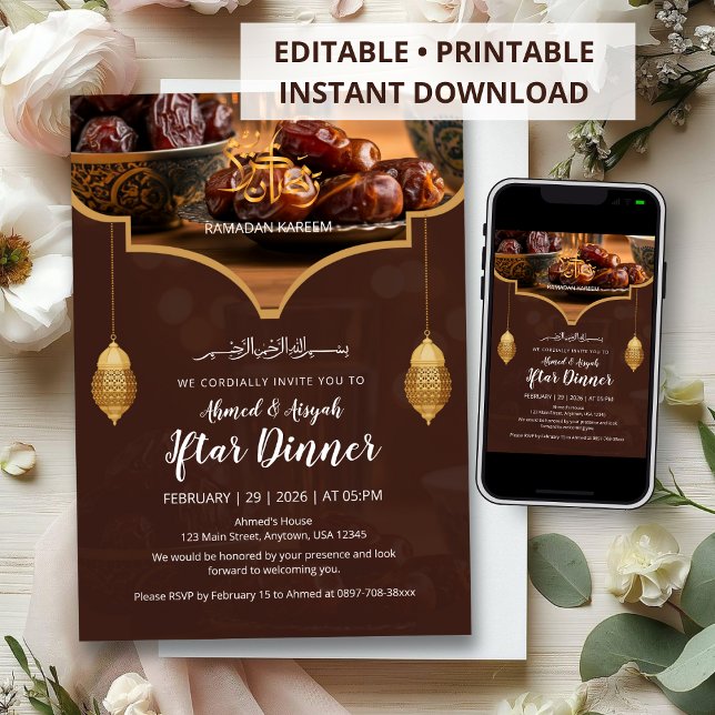 Invitation Elegant Gold Lantern Warm Brown with Dates Iftar (Créateur téléchargé)