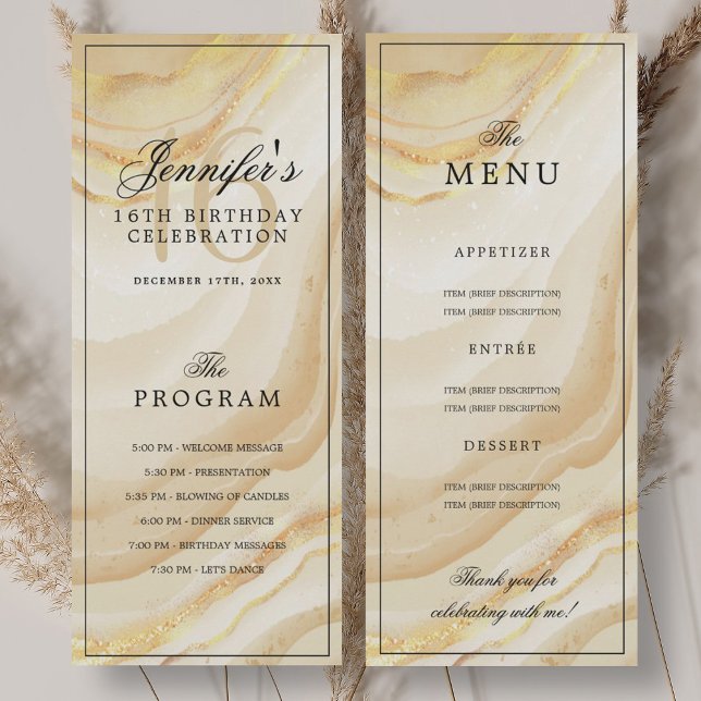 Invitation Elegant Gold Marble 16th Birthday Program Menu  (Elegant Gold Marble 16th Birthday Program Menu)