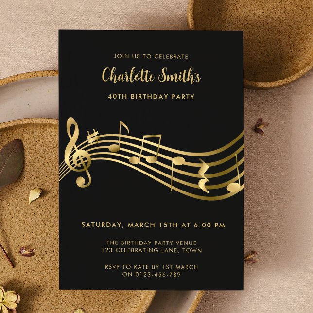 Invitation Elegant Gold Music Notes 40th Birthday Black (Créateur téléchargé)