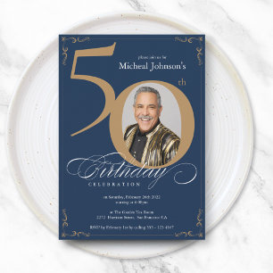 Invitation Elégant Gold Navy Blue 50e anniversaire