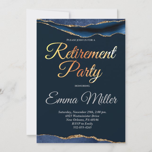 Invitation Elégant Gold Navy Blue Retraite Party (Devant)