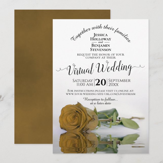 Invitation Élégant Gold Ochre Romantique Rose virtuel Mariage (Devant / Derrière)