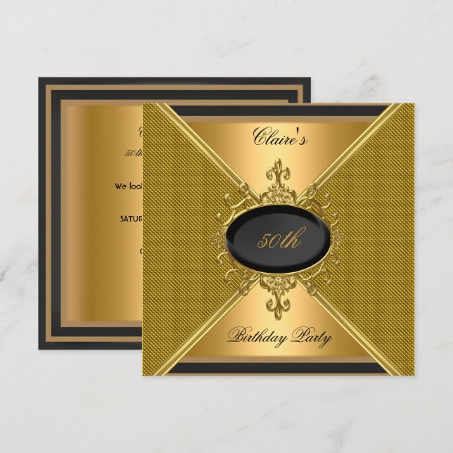 Invitation Elégant Gold On Gold Noir 50e Anniversaire (Devant / Derrière)