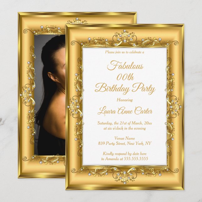 Invitation Elégant Gold Pearl photo femmes fête d'anniversair (Devant / Derrière)