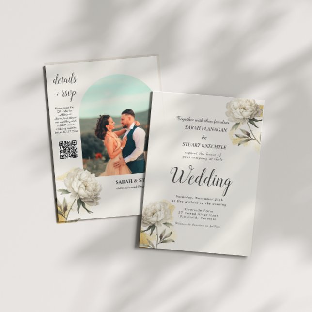 Invitation Elegant Gold Peony Photo QR Code Mariage (Créateur téléchargé)