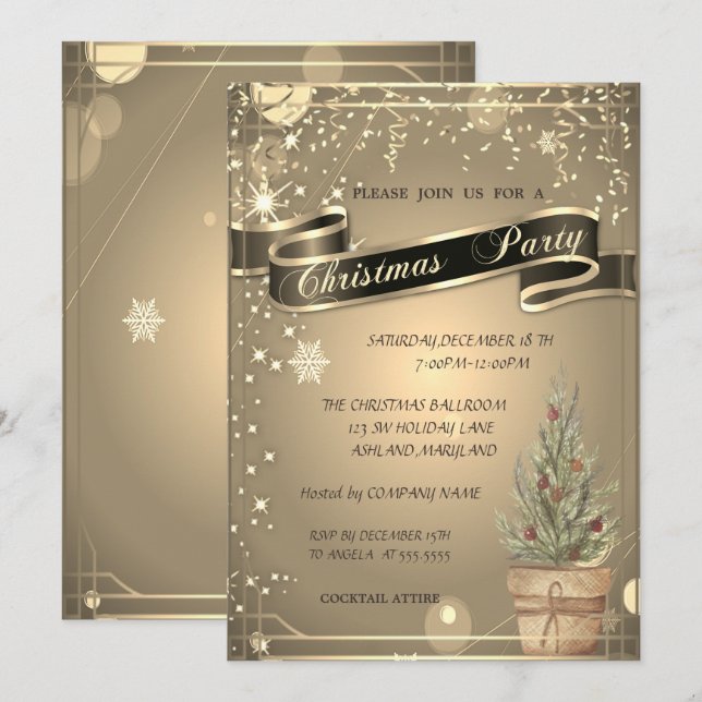 Invitation Elégant Gold, PineTree Company Noël (Devant / Derrière)