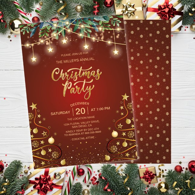 Invitation Elégant Gold Red Christmas House Corporate Party (Elegant Gold Red Christmas Eve Holiday Home Party Invitation)