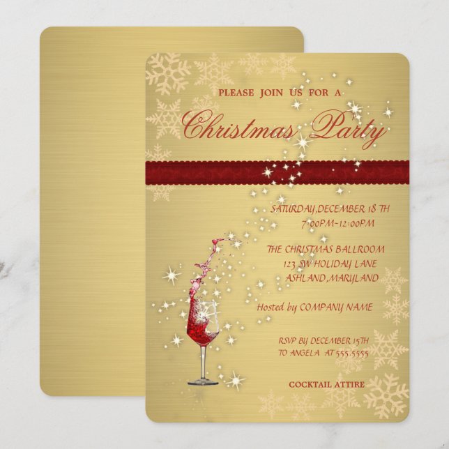 Invitation Elégant Gold Red Glass, Fête de Noël d'entreprise (Devant / Derrière)