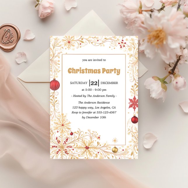 Invitation Elegant Gold & Red Ornaments Christmas Party       (Créateur téléchargé)