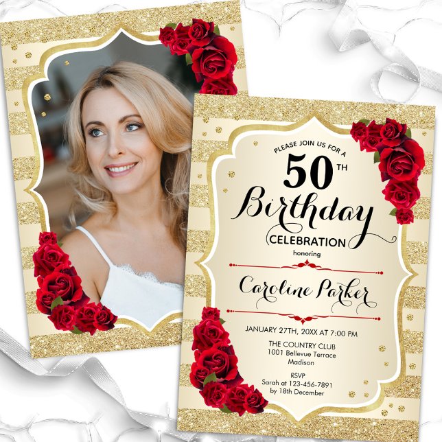 Invitation Elégant Gold Red Photo 50th Birthday (Créateur téléchargé)