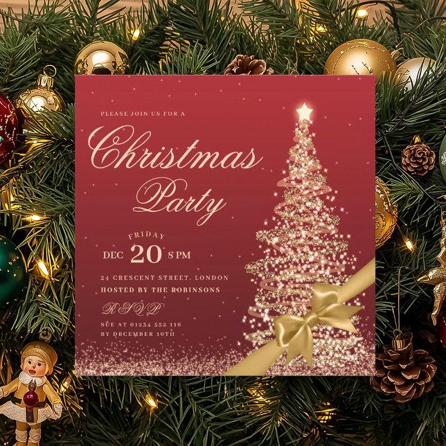 Invitation Elegant Gold Red Winter Christmas Tree Bow Party  (Elegant Gold Red Winter Christmas Tree Bow Party Invitation)