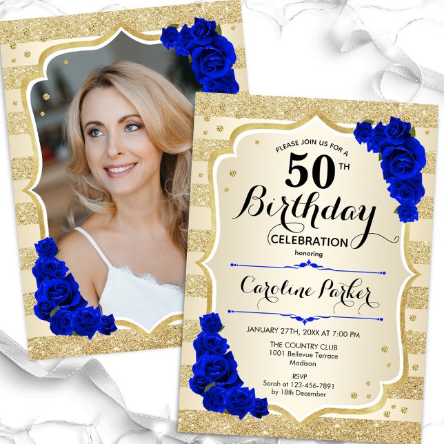 Invitation Elégant Gold Royal Blue Photo 50e anniversaire (Créateur téléchargé)