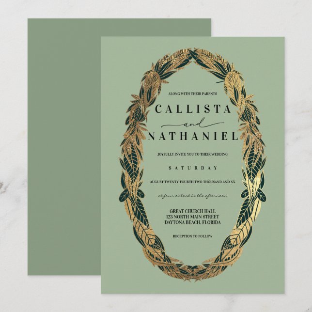 Invitation Elégant Gold Sage Vert verdure Feuille Mariage (Devant / Derrière)