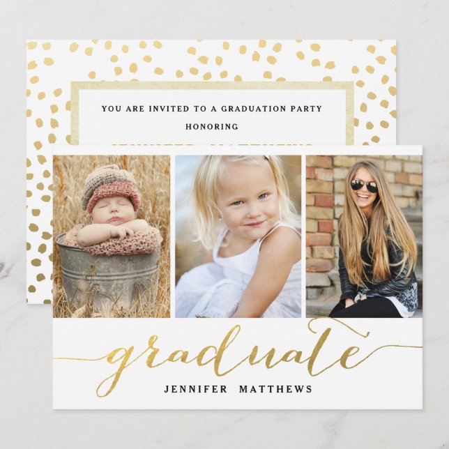 Invitation Élégant Gold Script 3 Photo Graduation Party (Devant / Derrière)