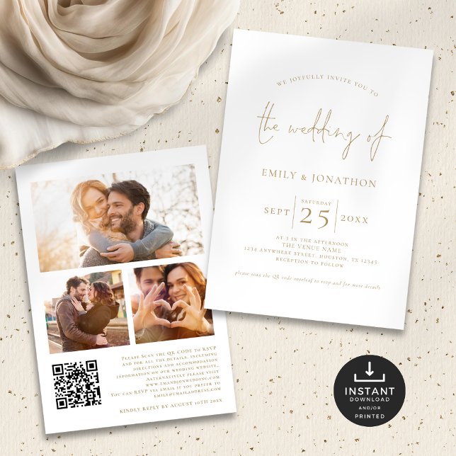 Invitation Élégant Gold Script 3 Photos QR Code Mariage (Front and back view)