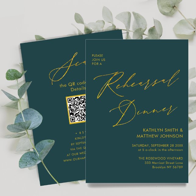 Invitation Élégant Gold Script Green Rehearsal Dinner Code QR (Créateur téléchargé)
