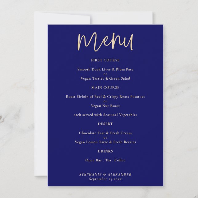Invitation Elégant Gold Script Marine Blue Mariage Menu (Devant)