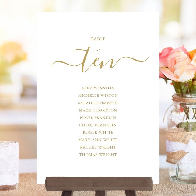Invitation Élégant Gold Script Table Numéro 10 Seating Chart (Elegant Gold Script Table Number 10 Seating Chart)