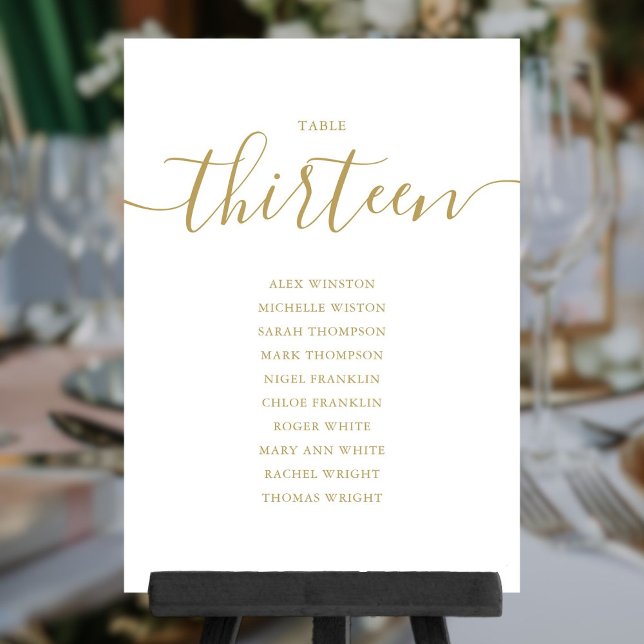Invitation Élégant Gold Script Table Numéro 13 Seating Chart (Elegant Gold Script Table Number 13 Seating Chart)