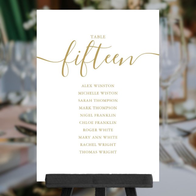 Invitation Élégant Gold Script Table Numéro 15 Seating Chart (Elegant Gold Script Table Number 15 Seating Chart)