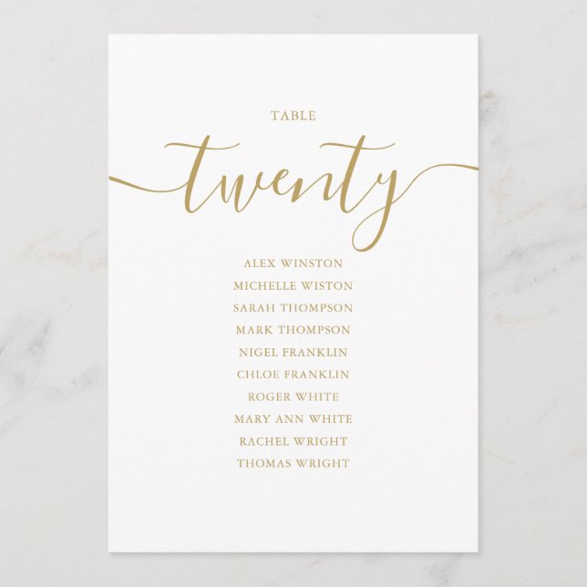 Invitation Élégant Gold Script Table Numéro 20 Seating Chart (Devant)
