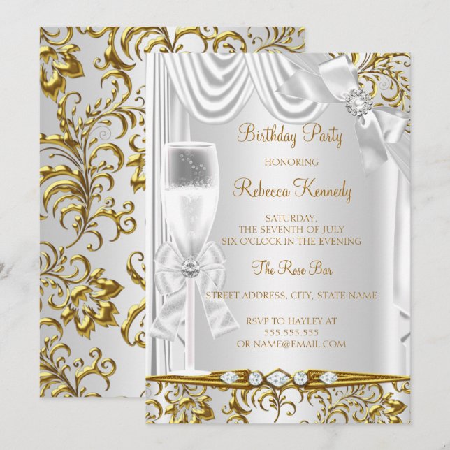 Invitation Elégant Gold Silver White Silk Champagne Anniversa (Devant / Derrière)