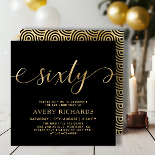 Invitation Elégant Gold Soixante Script Noir 60e anniversaire