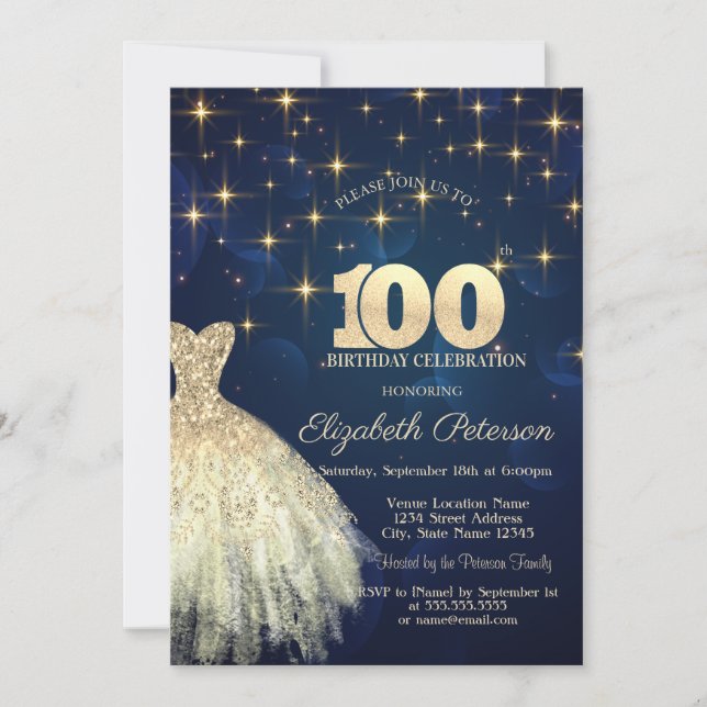 Invitation Elégant Gold Stars habiller Marine bleu 100e anniv (Devant)