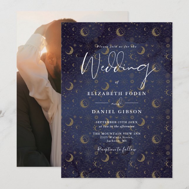 Invitation Elégant Gold Stars Moon Photo Mariage céleste (Devant / Derrière)