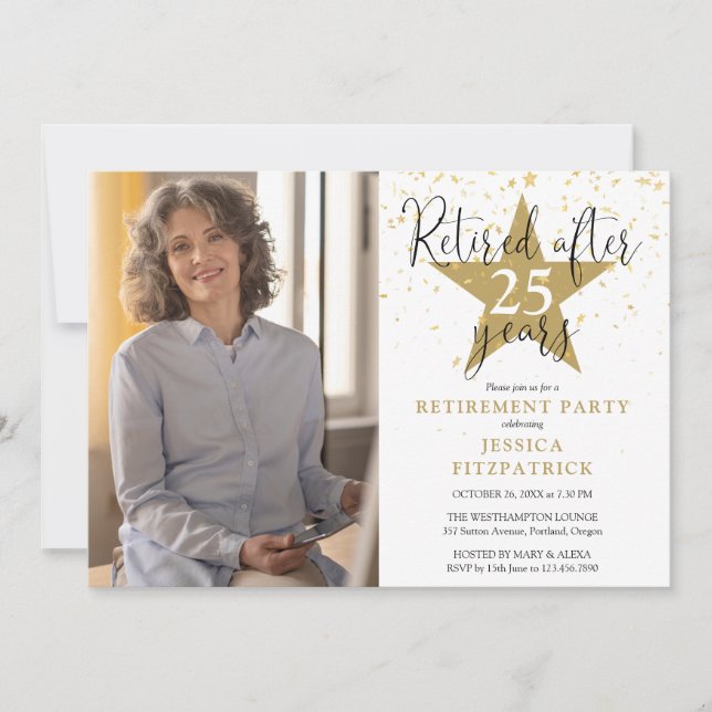 Invitation Elégant Gold Stars Photo Retirement Party (Devant)