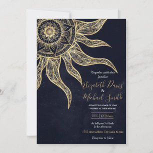 Invitation Elégant Gold Sun Mandala Blue Nebula Design