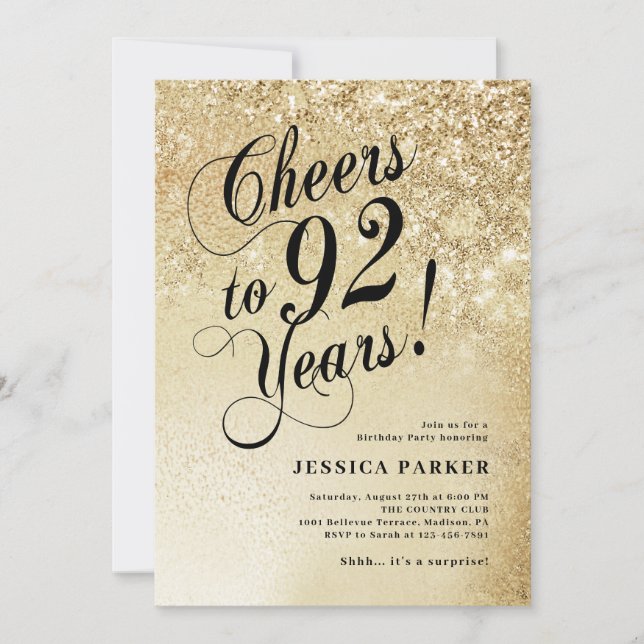 Invitation Elegant Gold Surprise 92e anniversaire (Devant)