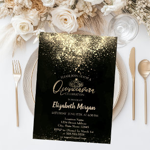 Invitation Elégant Gold Tiara, Confetti Quinceañera